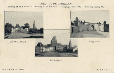 604220 Drieluik met 18e of 19e eeuwse afbeeldingen (fotoreproducties) van de stadspoorten van Rhenen, met de Westpoort ...